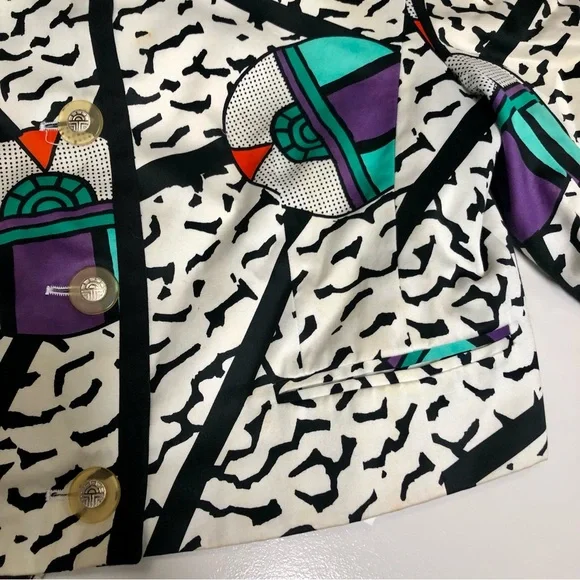 Vintage 80s Louis Feraud Multicolored Memphis Pattern Multicolor Blazer Jacket 6 - Picture 7 of 15